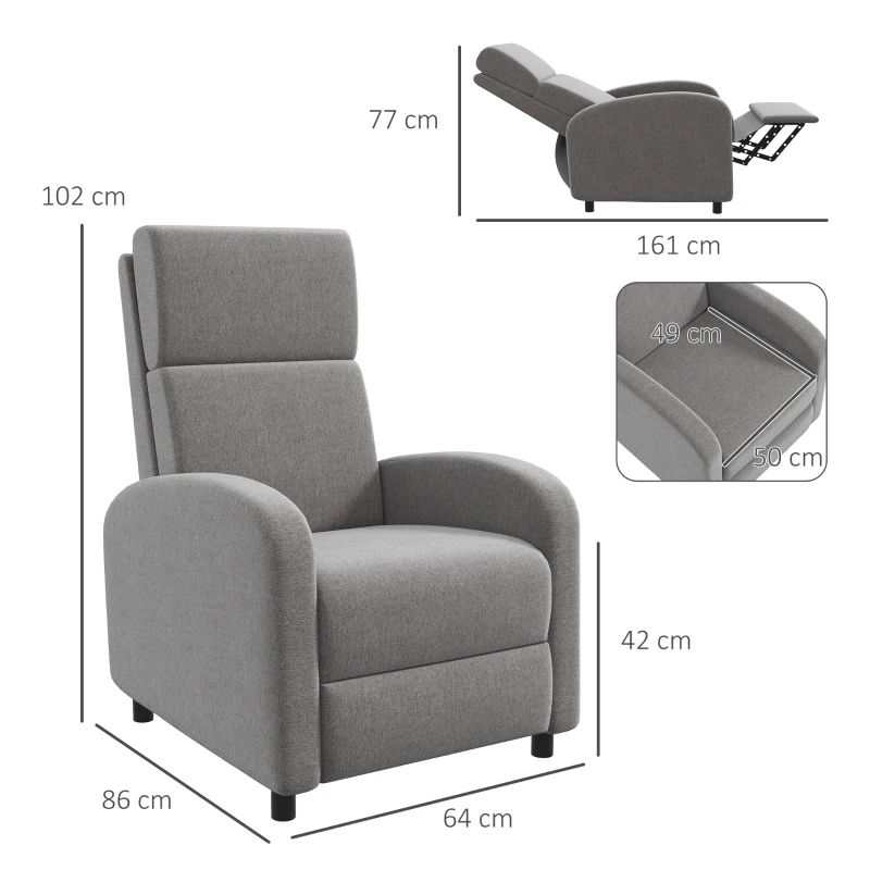 HOMCOM Sillón Relax Reclinable hasta 160° Sofá Reclinable Moderno con Reposapiés Soporta hasta 120 kg 64x86x102 cm Gris(m-3)