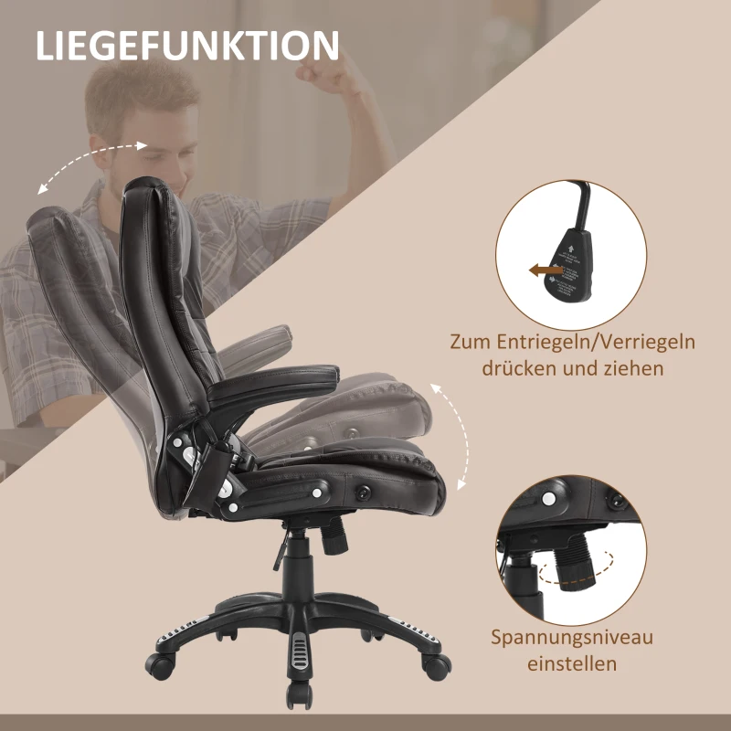 HOMCOM Bürostuhl mit Massagefunktion Ergonomischer Chefsessel mit Heizfunktion, Liegefunktion, Wippfunktion, Höhenverstellbar 360° Drehbar Schreibtischstuhl, Kunstleder, Braun