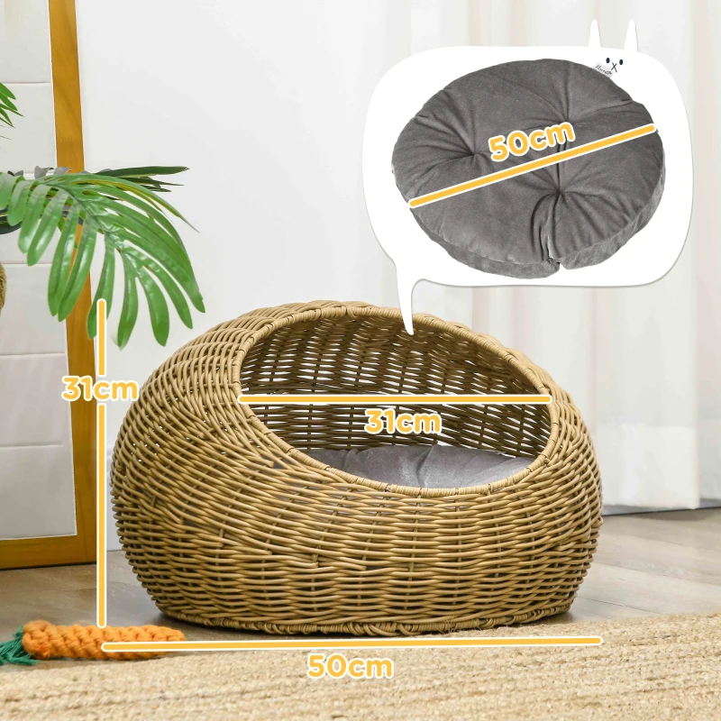 PawHut Katzenhöhle mit waschbarem Kissen, für Tiere bis 4 kg, Indoor, Kunst-Rattan, Ø50 x 31 cm, Hellbraun