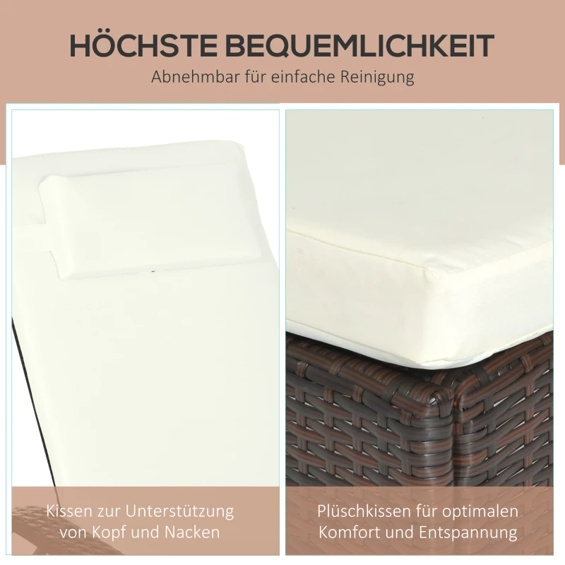 Outsunny Sonnenliege Polyrattan Gartenliege mit 5-Fach verstellbarer Rücklehne, Polsterauflage, Rollen, Kissen, 160 kg belastbar Relaxliege Liegestuhl für Garten, 200x73x30-103cm, Kaffeebraun
