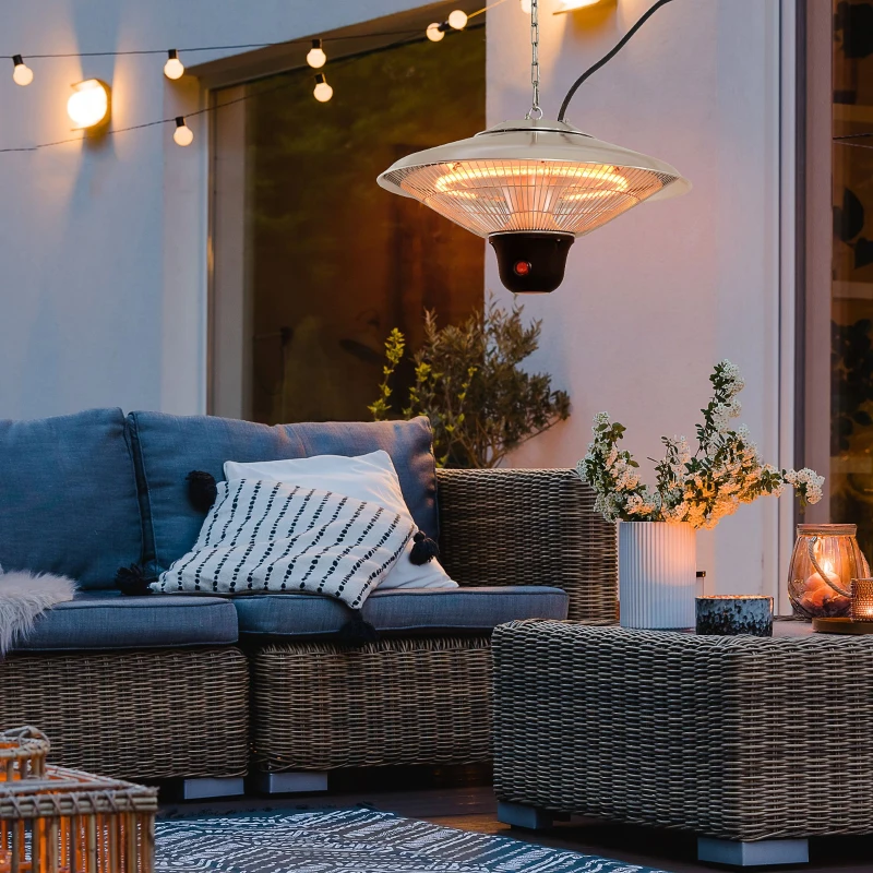 Outsunny 1500W Patio Heater Outdoor Ceiling Mounted Aluminium Halogen Electric Hanging Heating Light with Remote Control and 3 Heat Settings, Silver