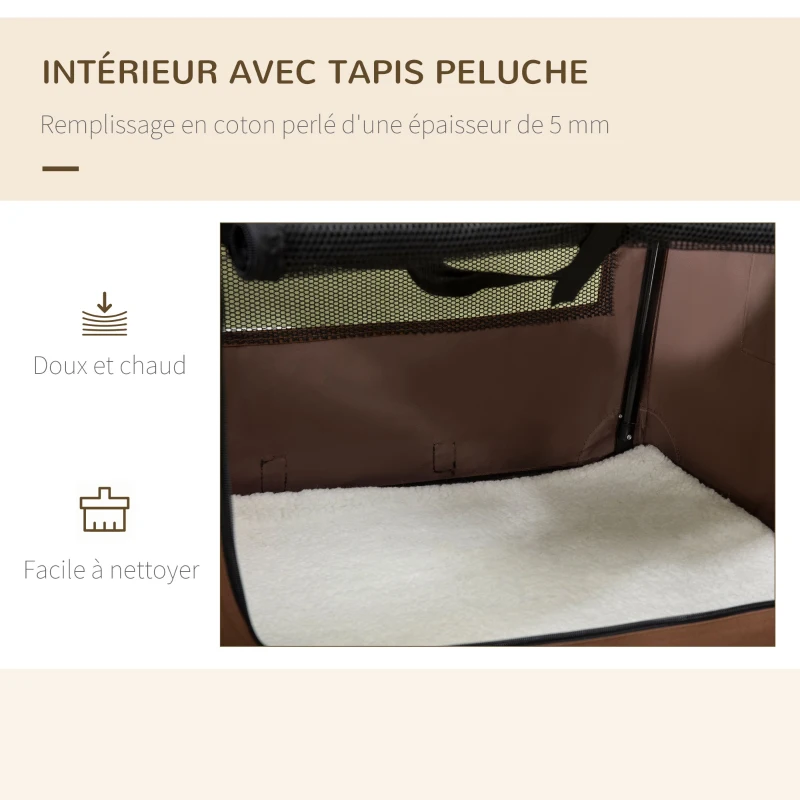 PawHut Sac de transport pliable - poignée, 3 entrées zippées, poche - coussin amovible - acier oxford polyester marron noir