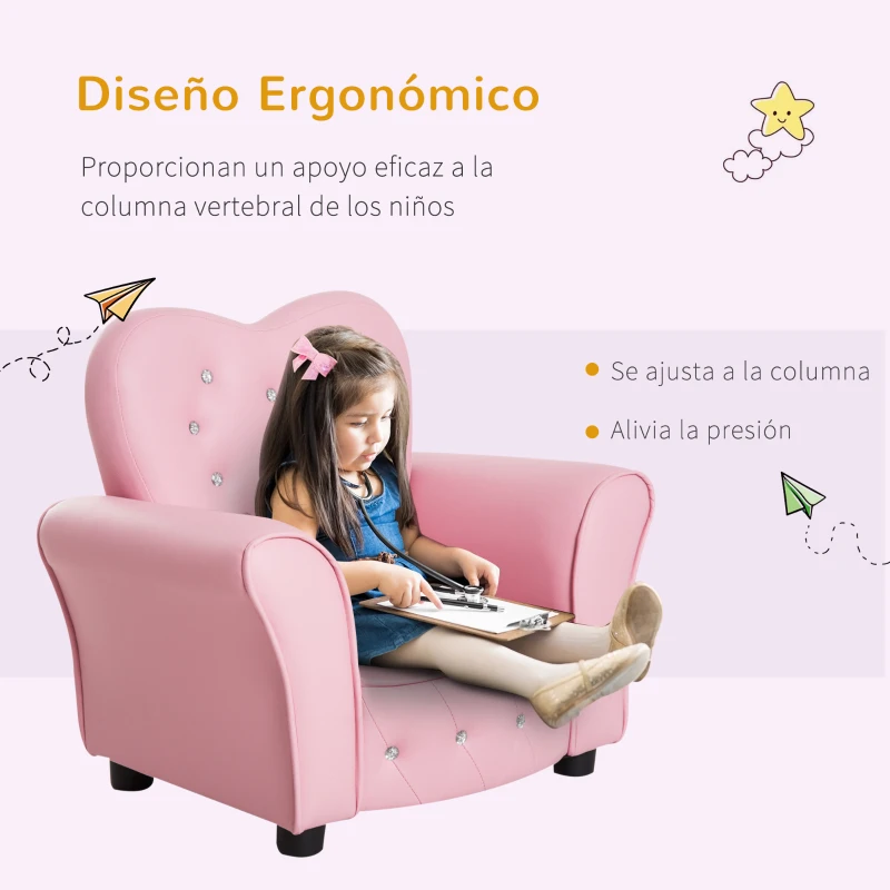HOMCOM Sillón Infantil Sofá para Niños Decorativo en Forma de Corazón con Asiento Reposabrazos Acolchados Respaldo Alto 59x41,5x49 cm Rosa