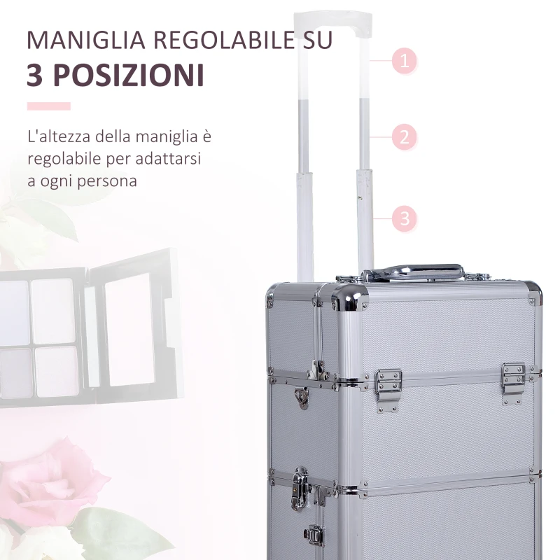 HOMCOM Valigetta Beauty Case 2 in 1 con Maniglia Regolabile su 3 Livelli e Ruote, Trucco Professionale Trolley per Make Up in Alluminio, 35.5x23x105 cm, Argento