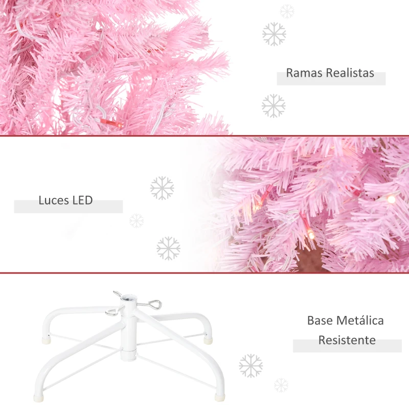 HOMCOM Árbol de Navidad Artificial con 618 Ramas 300 Luces LED IP20 Decoración Navideña para Interiores Ø63x180 cm Rosa