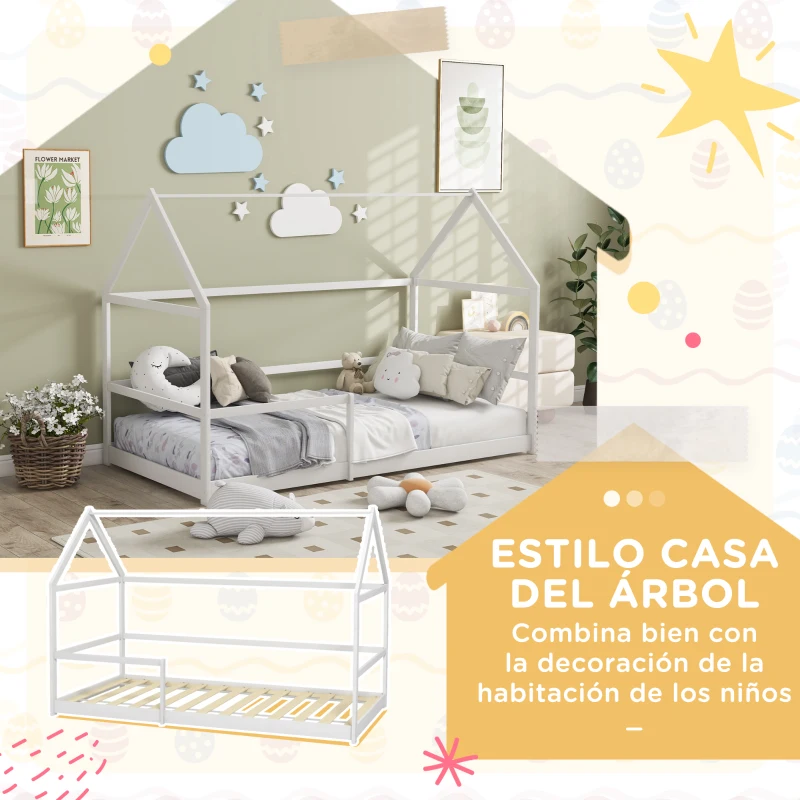AIYAPLAY Cama Infantil 90x190 cm en Forma de Casa con Barandillas Protectoras Cama Casita de Madera Carga 60 kg Blanco