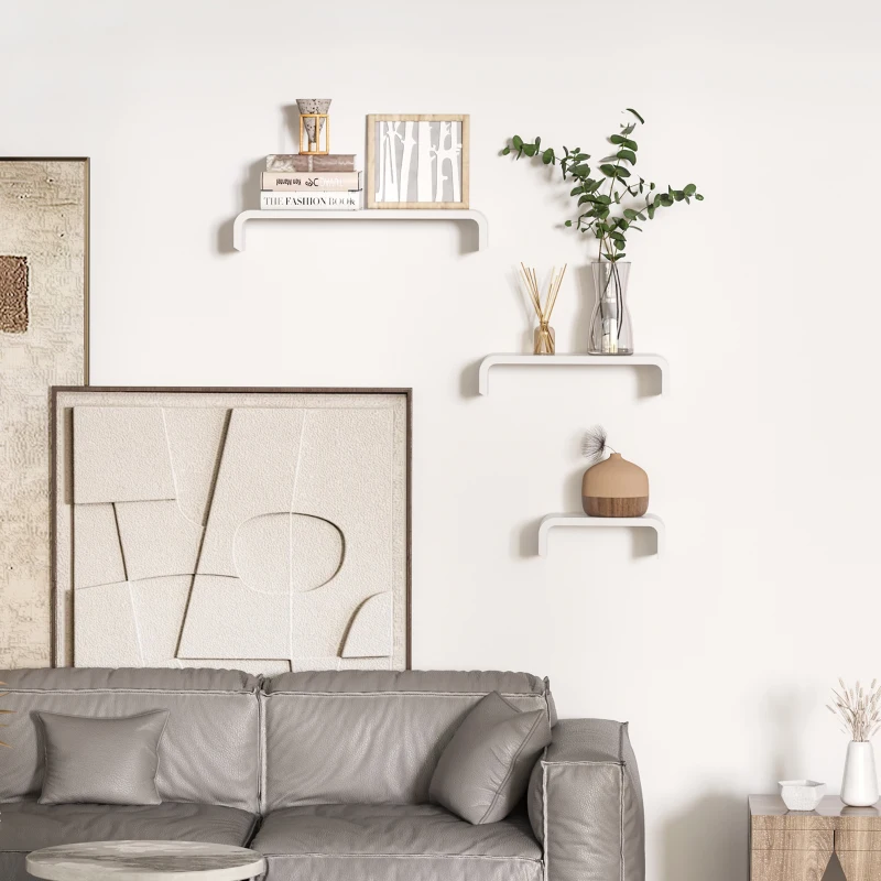 HOMCOM Set de 3 Estanterías Flotantes 60/45/30x15x10 cm Estantes de Pared de Madera Almacenamiento de Libros Fotos Decoración para Salón Pasillo Habitación Blanco
