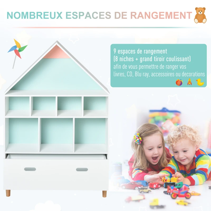 HOMCOM Bibliothèque étagère scandinave design maison 8 niches grand tiroir pieds effilés bois pin MDF blanc bleu ciel