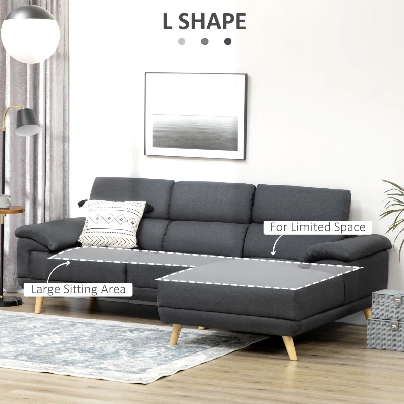 HOMCOM 3 Seater Corner Sofas for Living Room with Adjustable Headrest, Fabric L Shaped Sofa Settee, Couch, Dark Grey