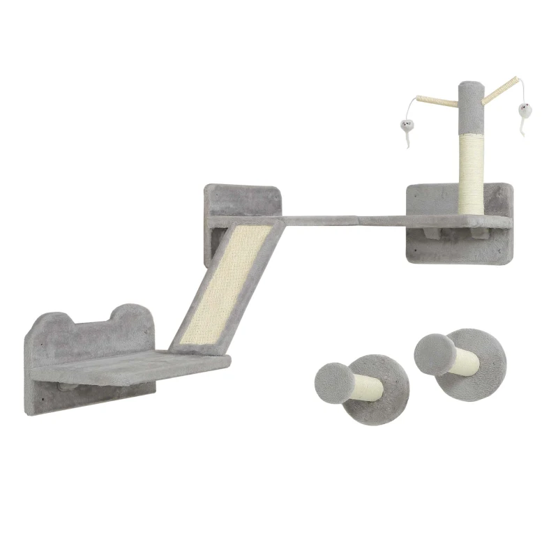 PawHut 3-Piece Cat Wall Furniture with Scratching Posts, Scratching Pads, Perches, Cat Wands, Toy Balls, Light Grey