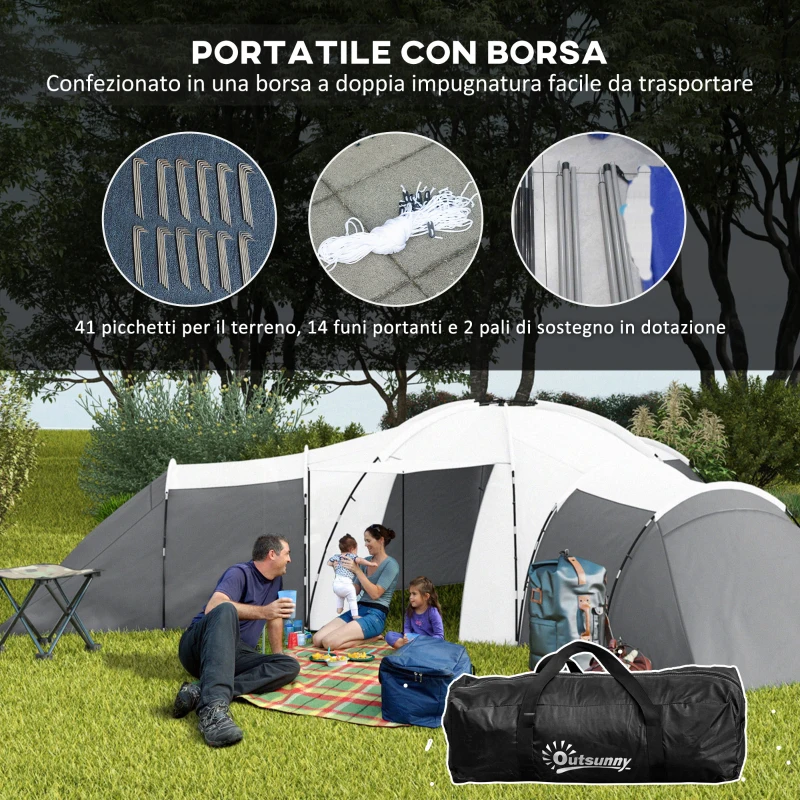 Outsunny Tenda da Campeggio 6 Posti Impermeabile con 3 Aree Notte, Soggiorno e Portico, in tessuto Oxford, Grigio