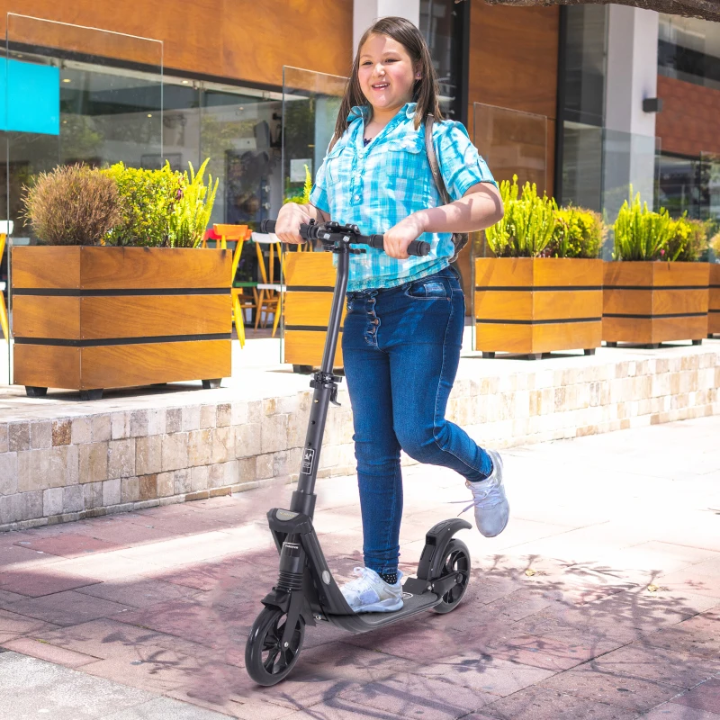 HOMCOM Patinete Plegable para Adultos y Niños +14 años Scooter Ligero con Manillar Altura Ajustable Tipo Monopatín con Freno Grandes Ruedas Ø200 mm Amortiguador Aluminio Carga 100 kg Negro