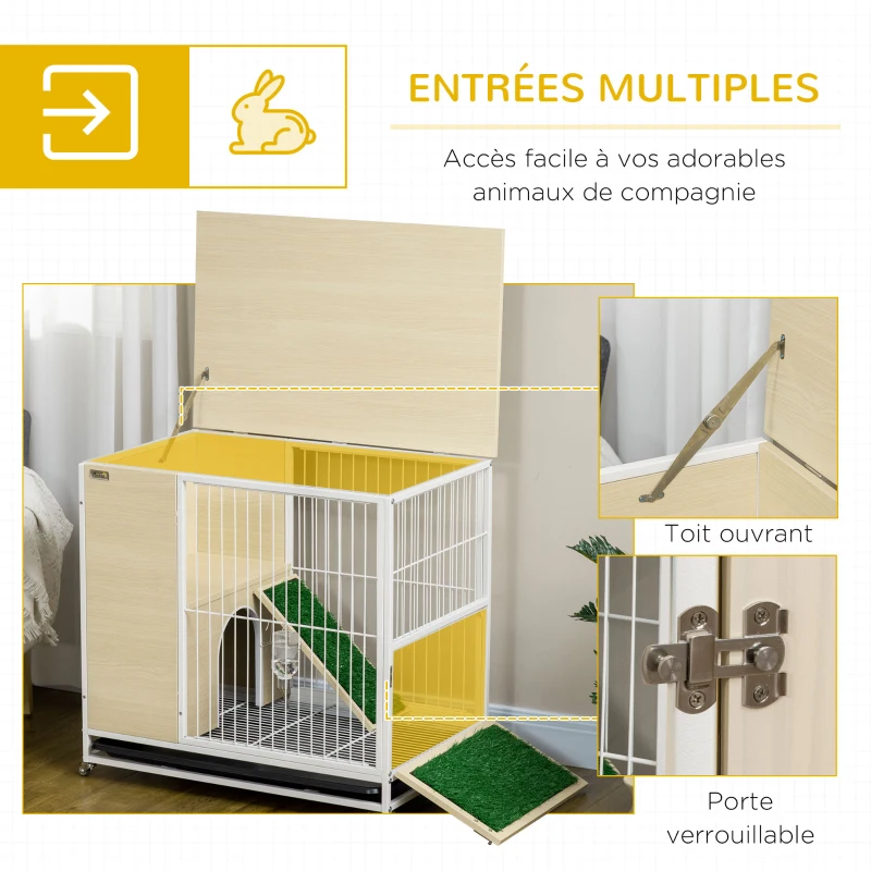 PawHut Cage à lapin clapier sur roulettes toit ouvrant plates-formes avec plateau amovible 78 x 52,5 x 76,5 cm naturel