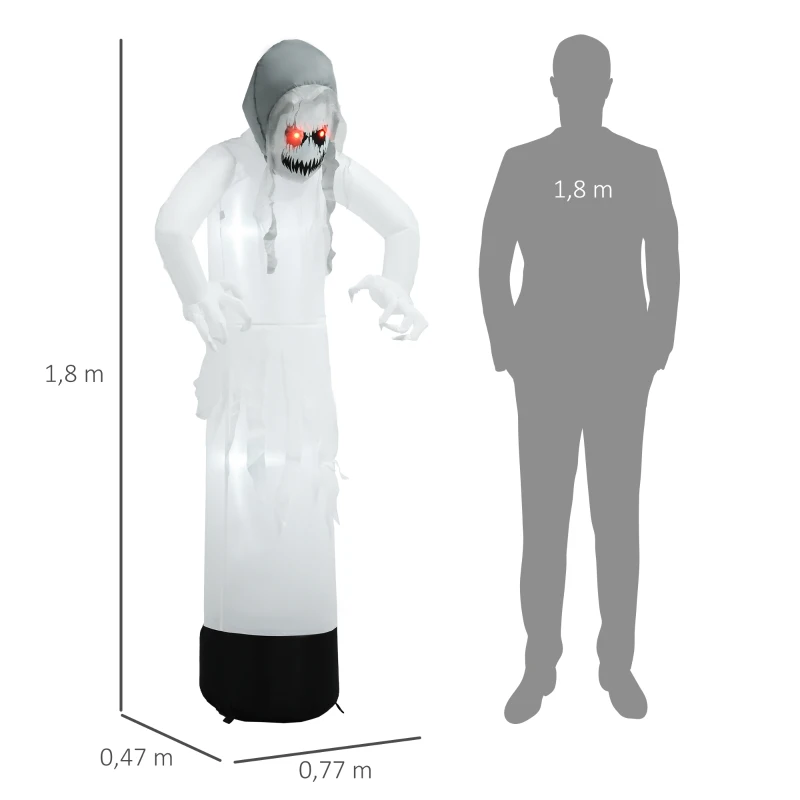 Outsunny Halloweendeko, Geisterhexe mit roten Augen, aufblasbar, LEDs, Outdoor-tauglich, 180 cm, Weiß(m-3)