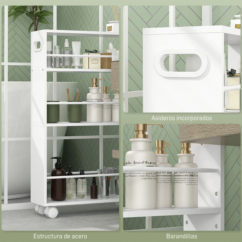 HOMCOM Carrito Auxiliar con Ruedas 3 Estantes con Barandillas Laterales y Asas para Cocina Comedor Baño 45x15x80 cm Blanco