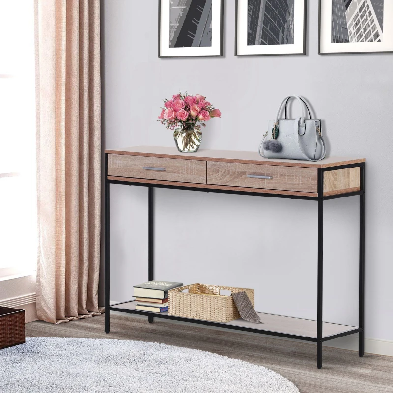HOMCOM Console Table Worktop Bottom Shelf Home Two Drawer Industrial Minimal Style Oak Wood Tone Effect