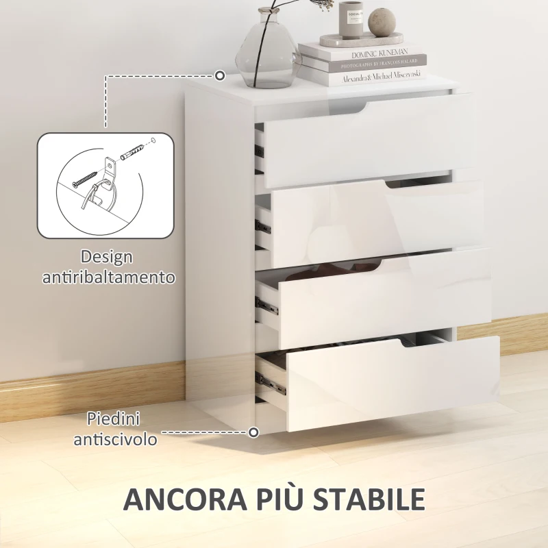 HOMCOM Cassettiera 4 Cassetti Moderna e Minimal in Legno, 60x40x85 cm, Bianco Lucido