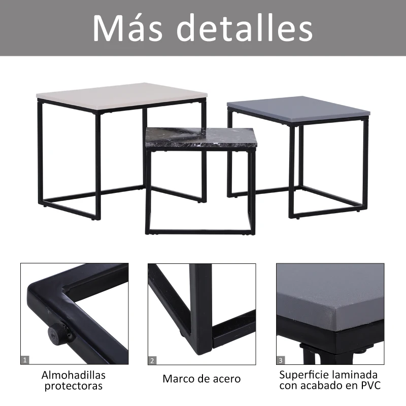 HOMCOM 3 Mesitas de Centro Minimalista Mesa Nido Patas de Acero con Funda de Plástico para Salón 55x40x45cm