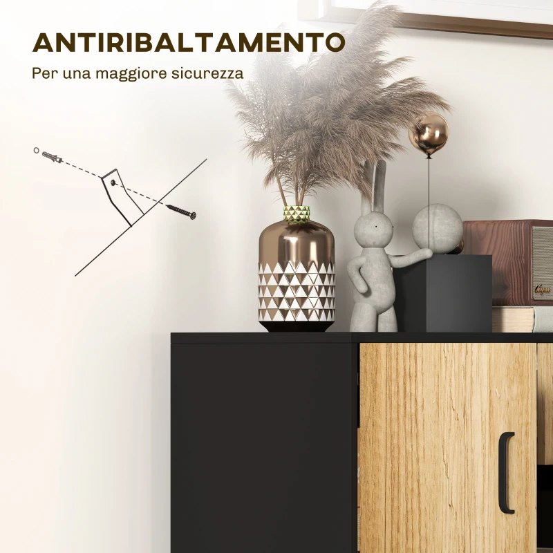 HOMCOM Credenza Moderna con 3 Armadietti e 2 Cassetti, in Truciolato e Acciaio, 80x35x88 cm, Nero e color Legno