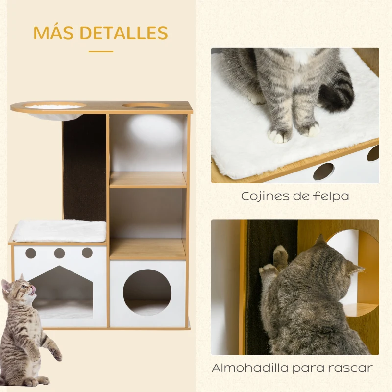 PawHut Árbol Rascador para Gatos de Madera para Gatos con 2 Cuevas Rascador Hamaca y Cojines de Felpa 76x37x92,5 cm Roble