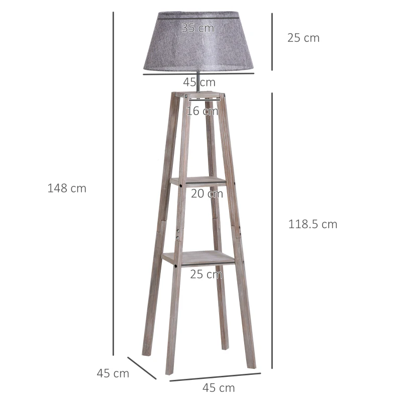 HOMCOM Lampada da Terra in Legno con 3 Ripiani e Paralume in Tessuto, 45x45x148cm, Grigio