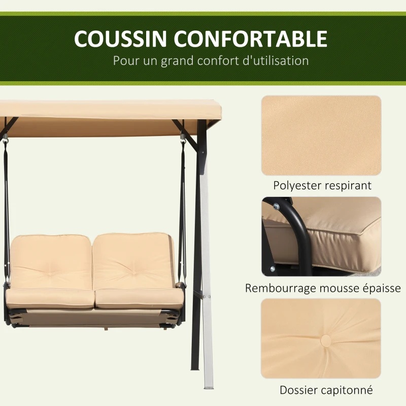HOMCOM Balancelle de Jardin 2 Places Grand Confort Coussins d'assise et Dossier fournis accoudoirs Pare-Soleil Sable