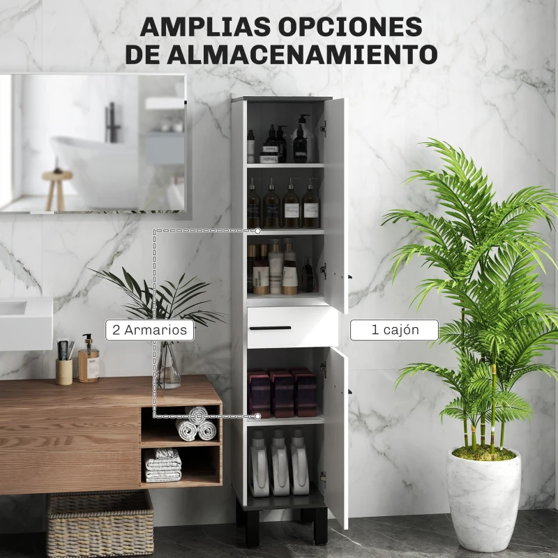 HOMCOM Armario Alto de Baño con Cajón 2 Puertas y Estantes Ajustable Mueble Auxiliar de Baño Anti-vuelco 34x32x170 cm Blanco