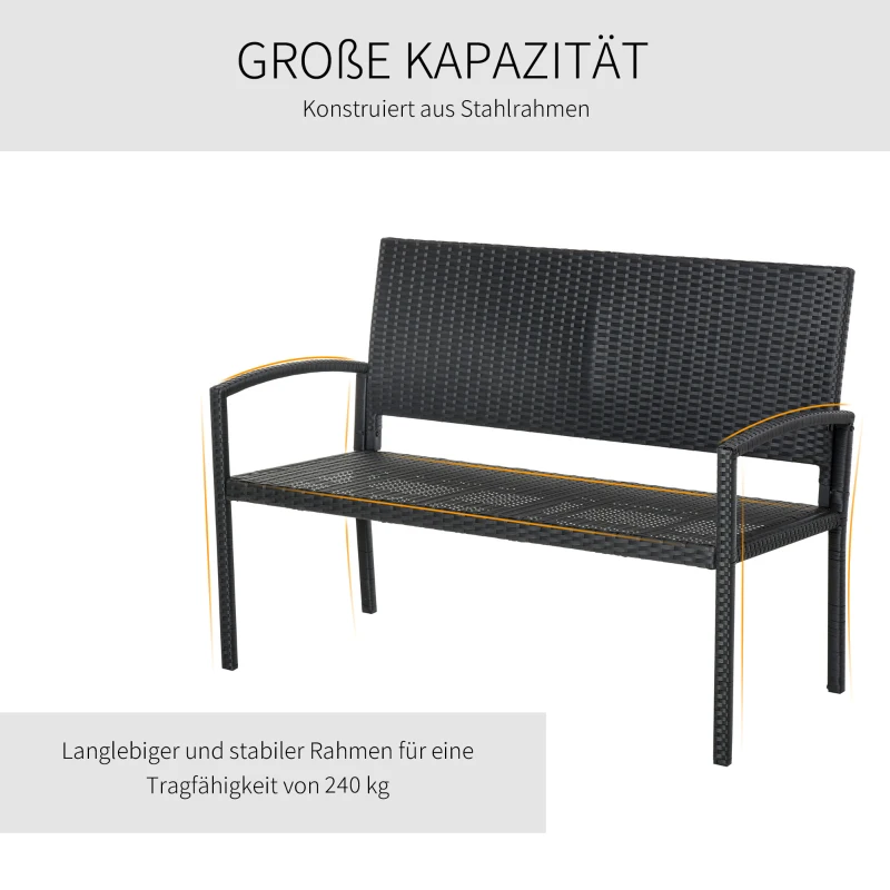 Outsunny Gartenbank, in Rattanoptik, mit Stahlrahmen, für 2 Personen, Schwarz, 122 x 60 x 85cm