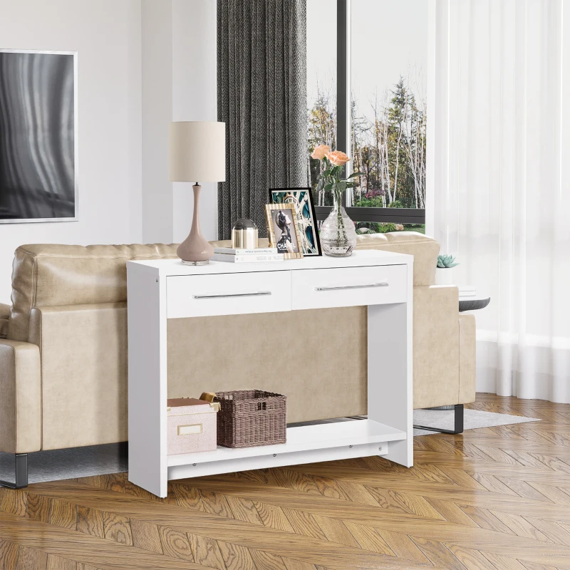 HOMCOM Table console table d'entrée bout de canapé avec étagère et 2 tiroirs style moderne - dim. 101,6I x 28P x 76,2H cm - blanc