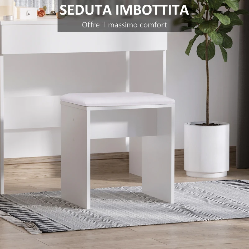 HOMCOM Set Tavolo da Trucco Toeletta con Specchio, 12 Luci LED, Sgabello Imbottito e Ampio Cassetto in Legno, 80x40x140 cm, Bianco