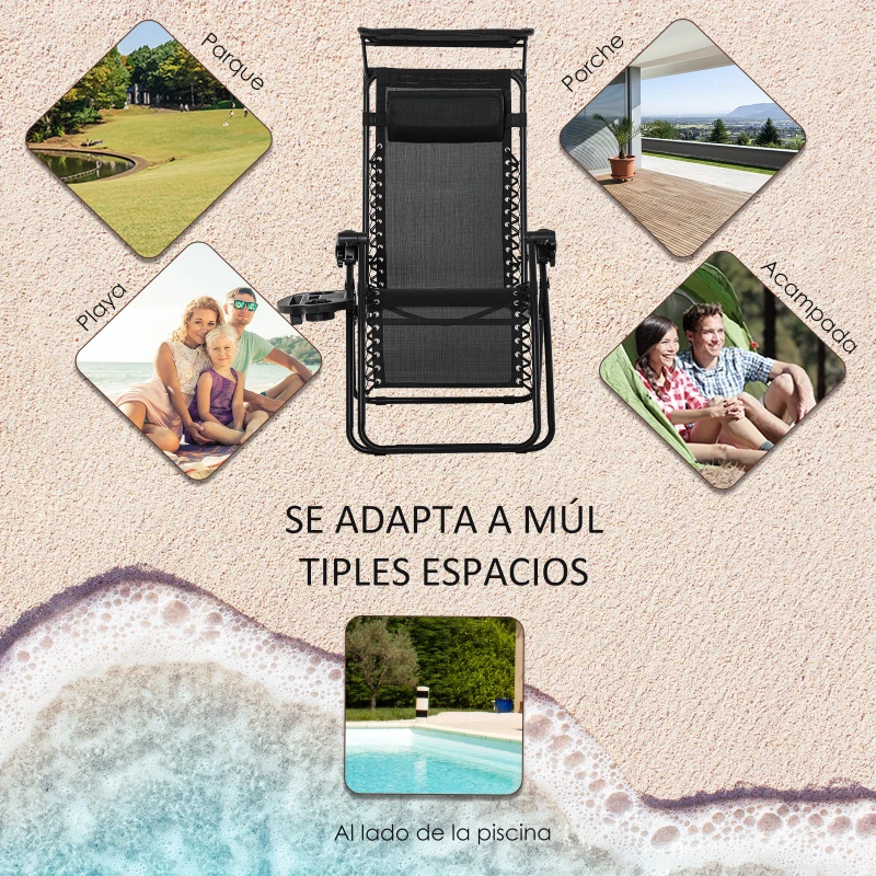 Outsunny Tumbona Plegable Silla de Gravedad Cero Reclinable con Toldo de Sombra con Bandeja Portavasos Portátil Texteline para Jardín Balcón Carga 150kg 90x67x110 cm Negro
