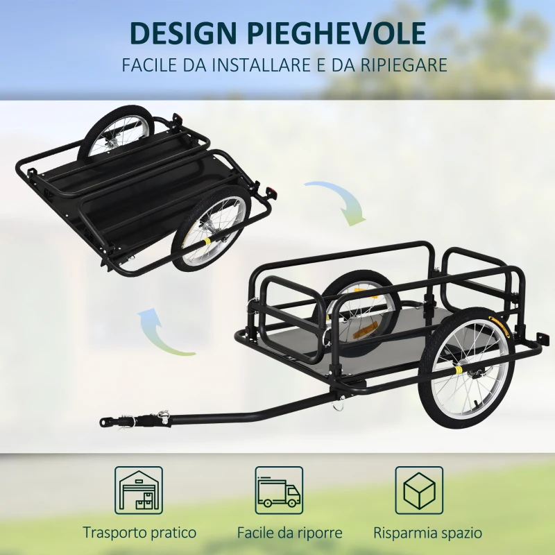HOMCOM Carrello Bici con Pareti Pieghevoli, Gancio e 4 Catarifrangenti, in Acciaio e PE, 139x71.5x49 cm, Nero