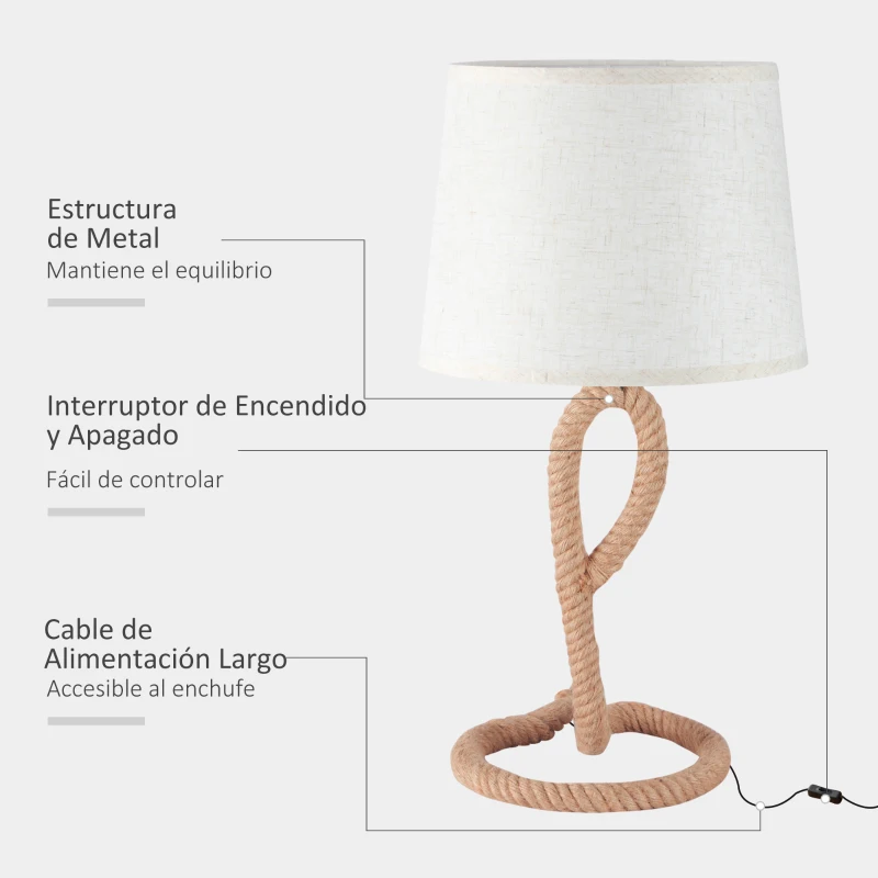 HOMCOM Lámpara de Mesa de Estilo Marinero con Base de Metal y Cuerda de Cáñamo Pantalla de Tela Portalámpara E27 de Máx. 40W para Salón Dormitorio Ø30x56 cm Beige