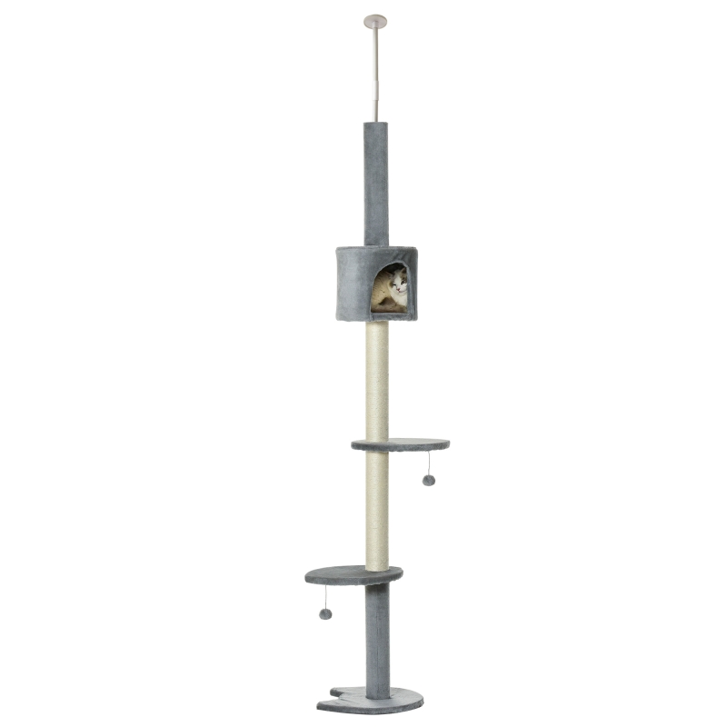PawHut Árbol Rascador para Gatos Rascador para Fijar al Techo Altura 255 cm con Plataformas Cueva Postes de Sisal Bolas Colgantes Gris Claro