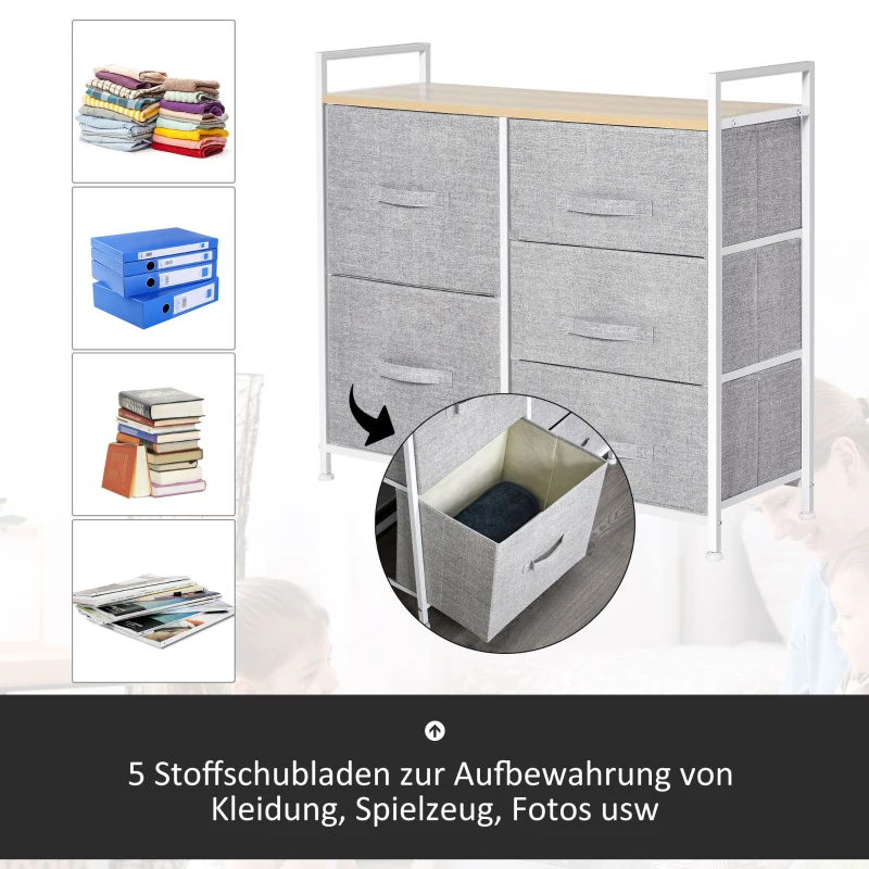 HOMCOM Schubladenschrank, Aufbewahrungsschrank, Stoffkommode mit 5 Stoffschubladen, Stoff+ Holz +Metallrahmen, Grau, 83 x 29 x 77 cm