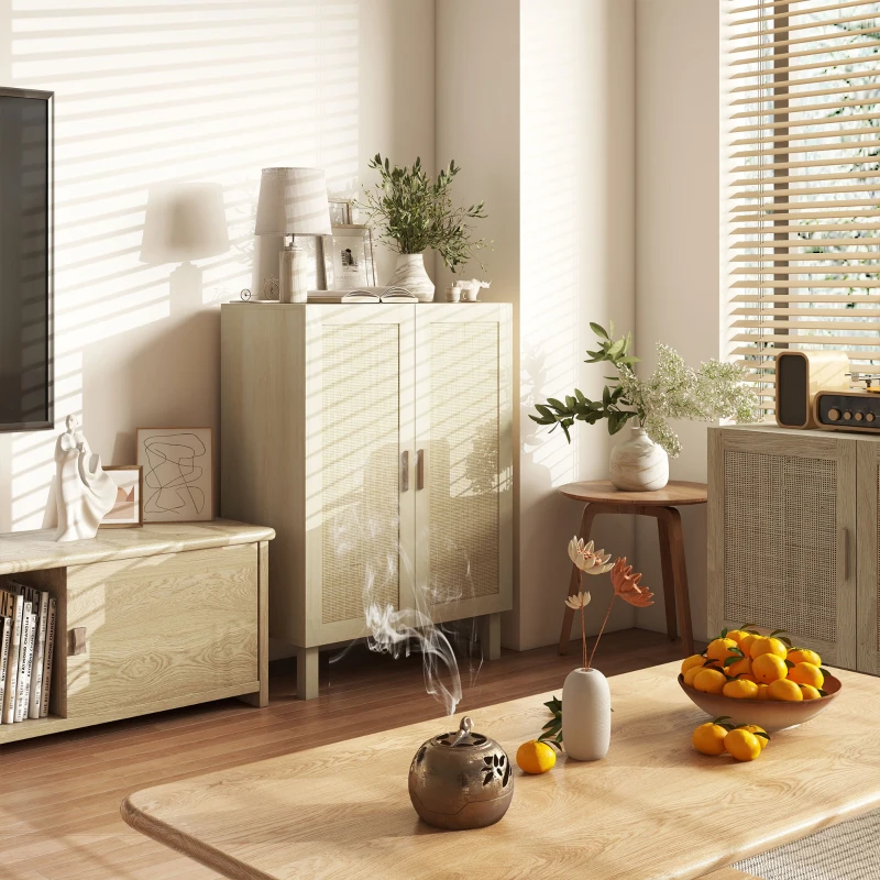 HOMCOM Armario de Salón con 2 Puertas de Rejilla y Estantes Ajustables Aparador de Estilo Cannage 73x41x102 cm Natural