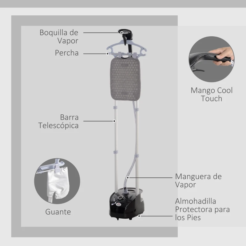 HOMCOM Plancha de Vapor Vertical 1950W 2 L con Temperatura Ajustable en 11 Niveles y Barra Telescópica Negro