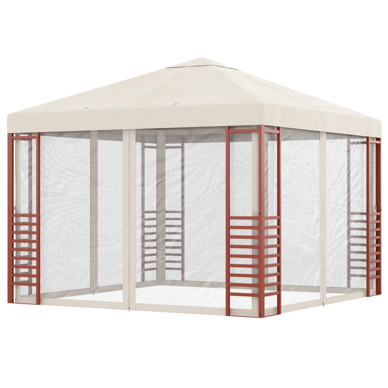 Outsunny Gartenpavillon, bis 15 Personen, Softtop, Fliegennetze, Stahlrahmen, beige, 296 x 296 x 260 cm