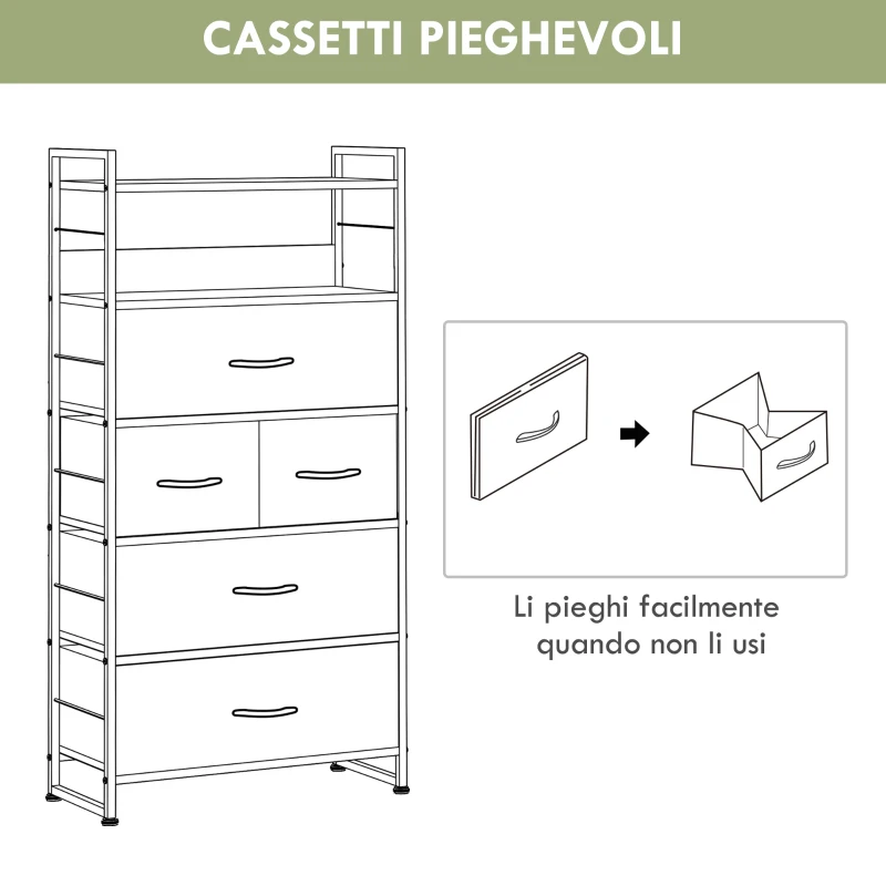 HOMCOM Cassettiera 5 Cassetti Moderna in Tessuto non Tessuto, Acciaio e MDF, 58x30x120 cm, Nera