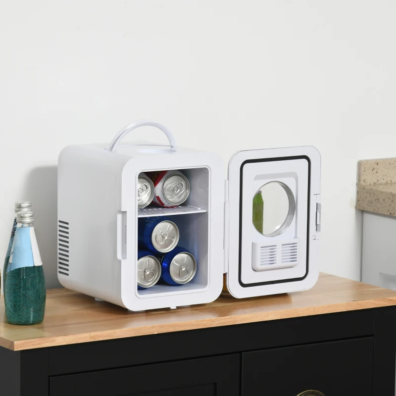 HOMCOM 4L Mini Fridge 6Can, AC+DC Portable Cooler & Warmer Car Refrigerator for Skincare, Makeup, Cosmetics, Food, for Bedroom, Home, Caravan, Car, White