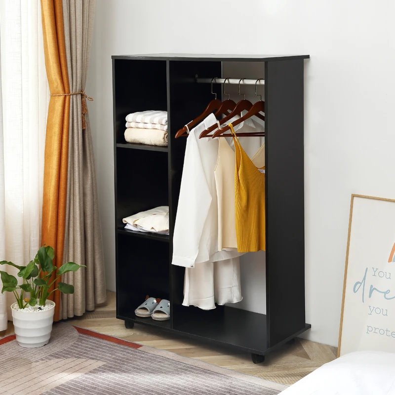 HOMCOM Open Wardrobe on Wheels, Bedroom Wardrobe with Clothes Hanging Rail, 3 Storage Shelves, Mobile Garment Rack for Cloakroom, Hallway, Black