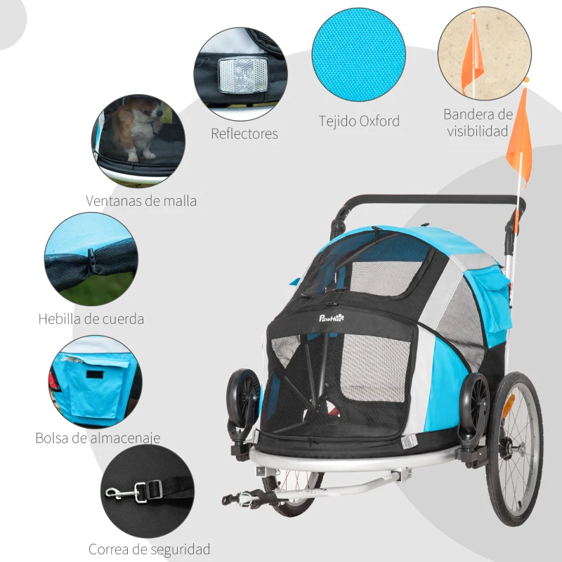 PawHut Remolque de Bicicleta para Perros Plegable 2 en 1 Carrito para Perros de Aluminio con Mango Ajustable Bandera y 6 Reflectores Carga Máxima 40 kg 150x82x98 cm Azul