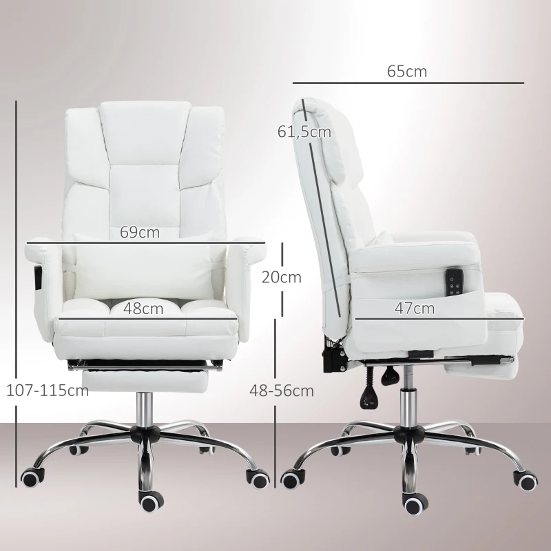 HOMCOM Silla de Oficina con 6 Puntos de Masaje Reposapiés Retráctil Altura Ajustable Control Remoto y Soporte Lumbar Blanco(m-3)