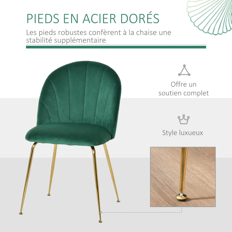 HOMCOM Lot de 2 chaises de salle à manger assise aspect velours et pieds métal doré - vert