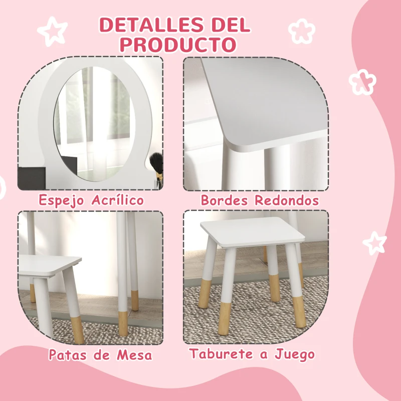 AIYAPLAY Tocador de Maquillaje para Niñas de +3 Años Tocador Infantil con Taburete y Espejo Diseño Sencillo Blanco