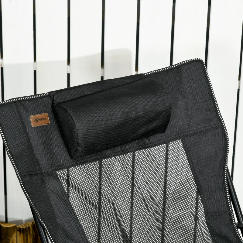 Outsunny Chaise de camping pliable avec repose-pied + Porte-gobelets + coussin appui-tête et sac de transport inclus noir