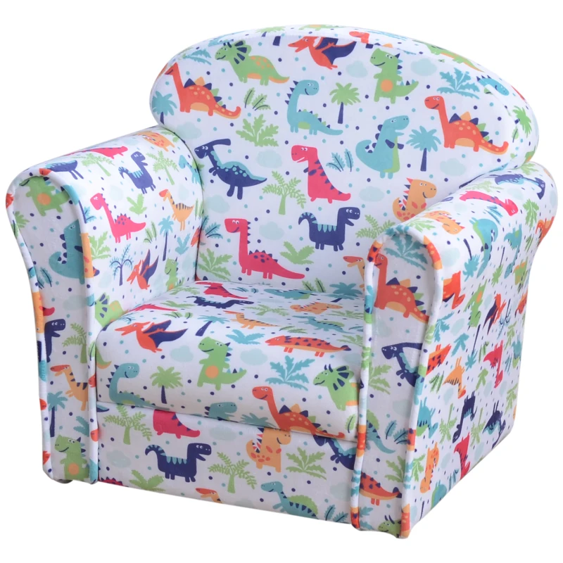 HOMCOM Children's Armchair Flannel Kids Sofa Tub Chair Cartoon Dinosaur Pattern Wooden Frame Bedroom Playroom Seater Multicolour