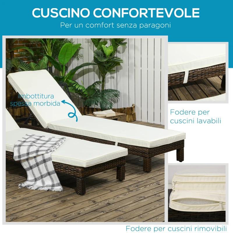 Outsunny Set 2 Lettini Prendisole in Rattan PE con Cuscino e Schienale 5 Reclinazioni, 196x60x22cm