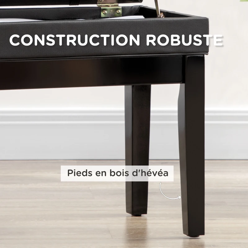 HOMCOM Banquette tabouret siège pour piano coffre intégré hauteur réglable bois hévéa assise revêtement synthétique noir