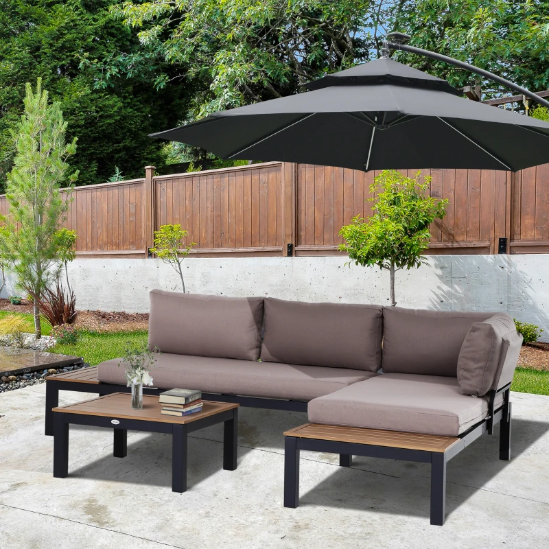 Outsunny Gartenmöbel-Set für 3 Personen mit Beistelltisch, Sofa mit Kissen, Outdoor, Aluminium, 164 x 74 x 69 cm